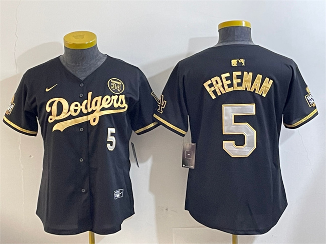 Women's Los Angeles Dodgers #5 Freddie Freeman Black/Gold 2024 World Series With Fernando Memorial Patch Limited Stitched Baseball Jersey(Run Small) Women's Los Angeles Dodgers #5 Freddie Freeman Black/Gold 2024 World Series With Fernando Memorial Patch Limited Stitched Baseball Jersey(Run Small)